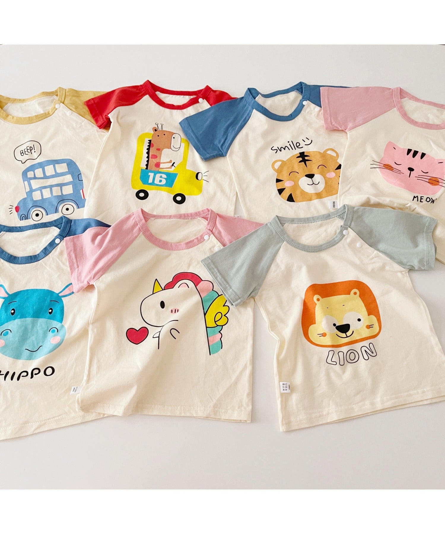 【aimoha-KIDS-】 かわいい動物イラストプリント 袖切り替え半袖tシャツ