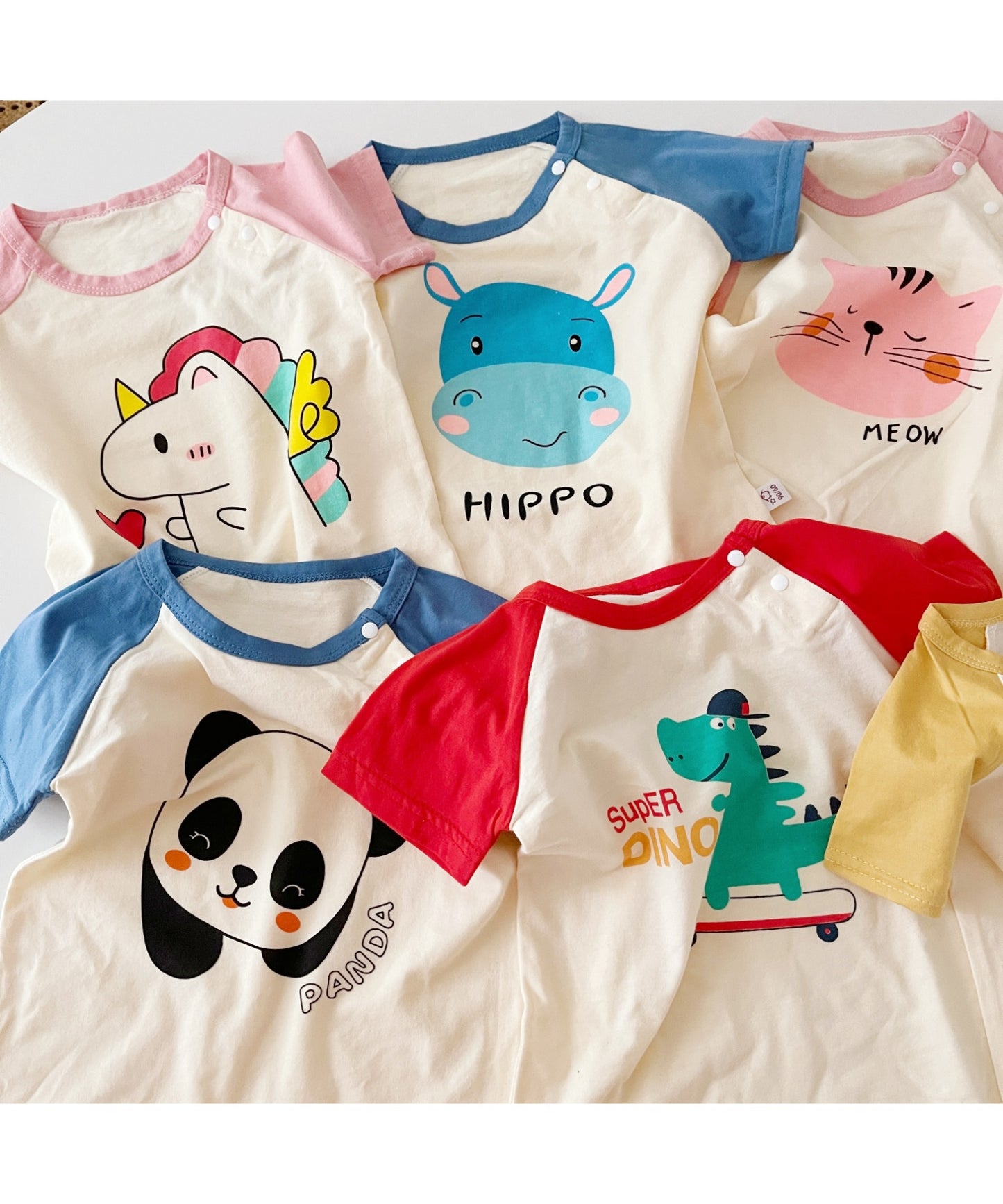 【aimoha-KIDS-】 かわいい動物イラストプリント 袖切り替え半袖tシャツ