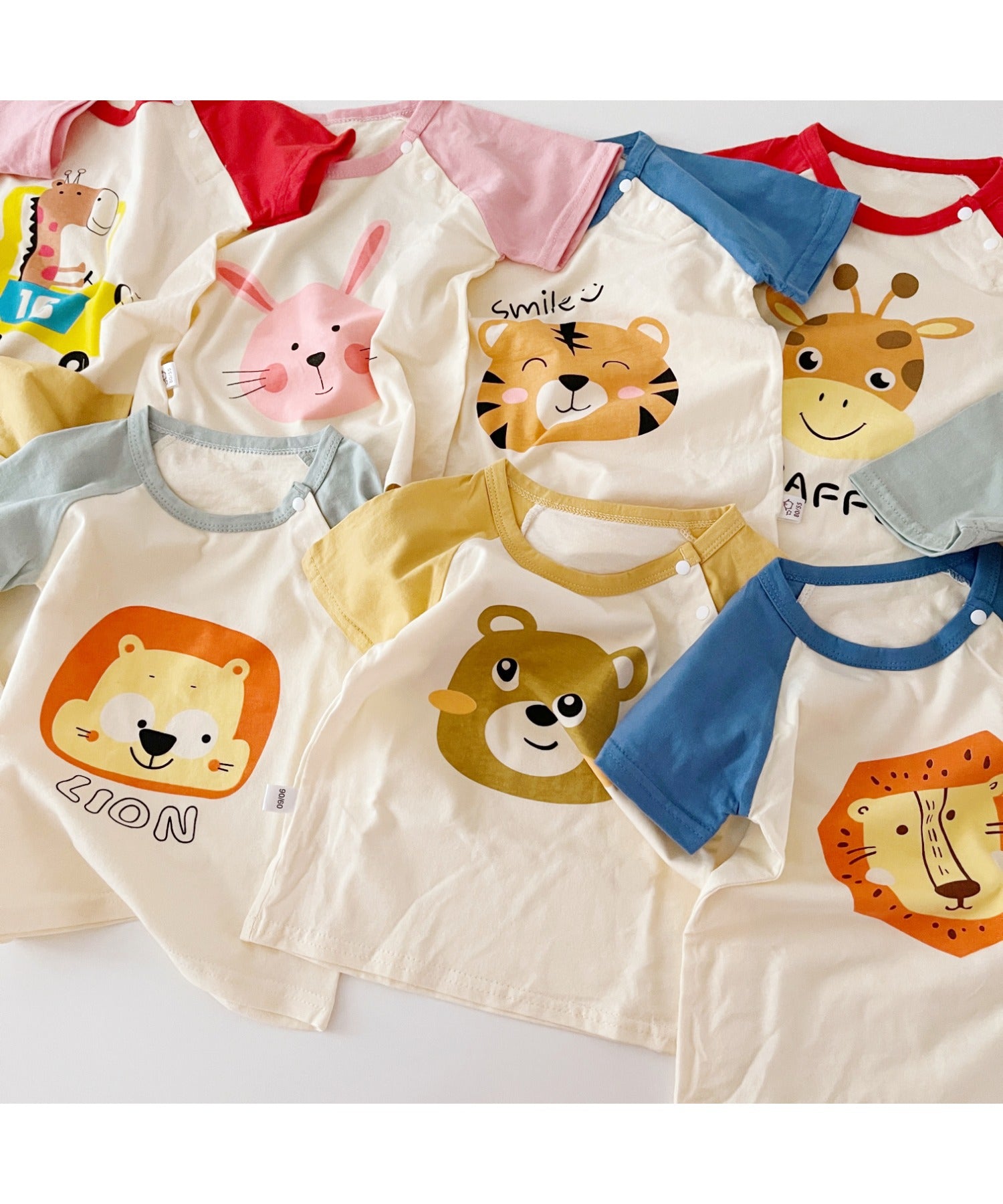 【aimoha-KIDS-】 かわいい動物イラストプリント 袖切り替え半袖tシャツ