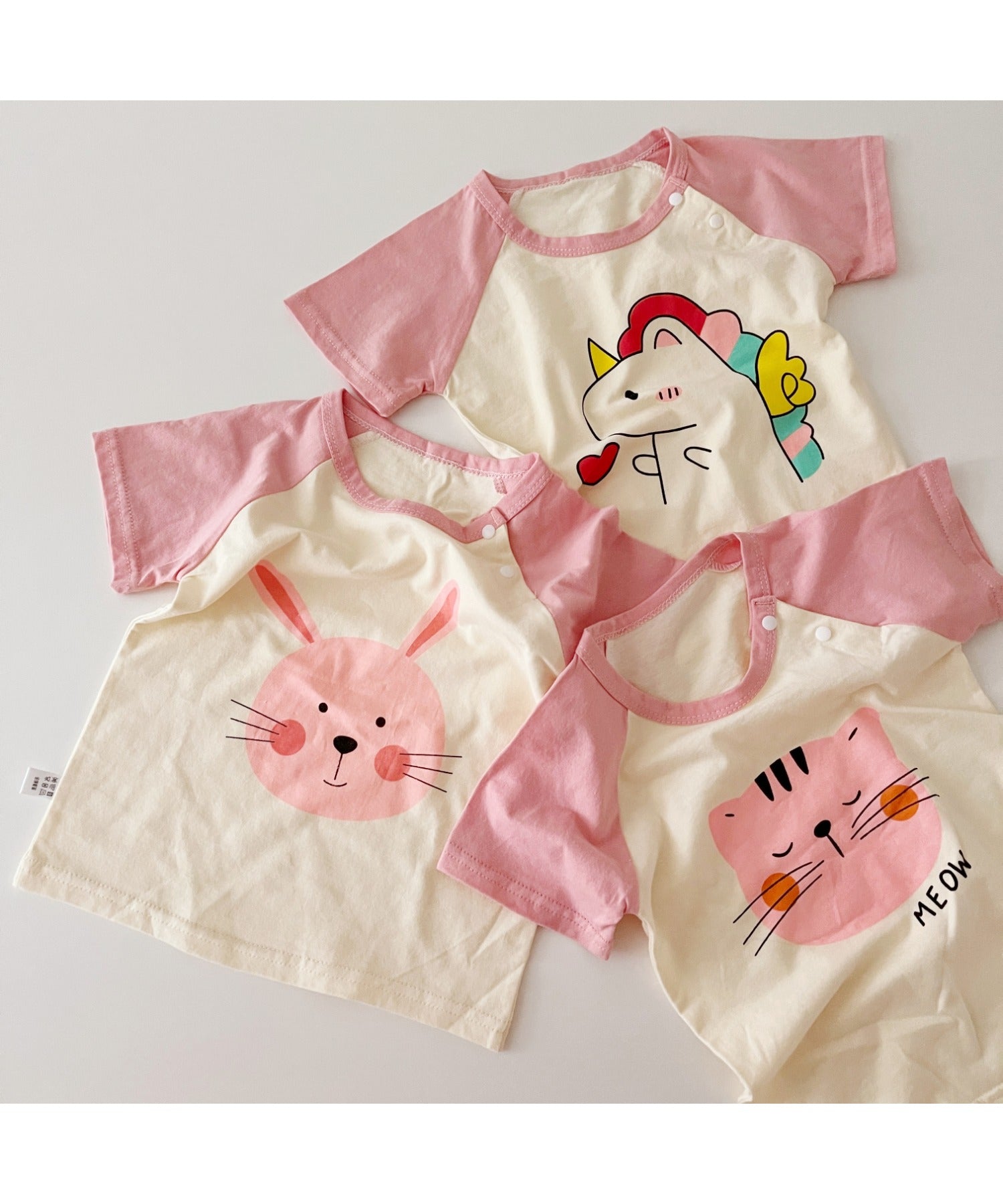 【aimoha-KIDS-】 かわいい動物イラストプリント 袖切り替え半袖tシャツ