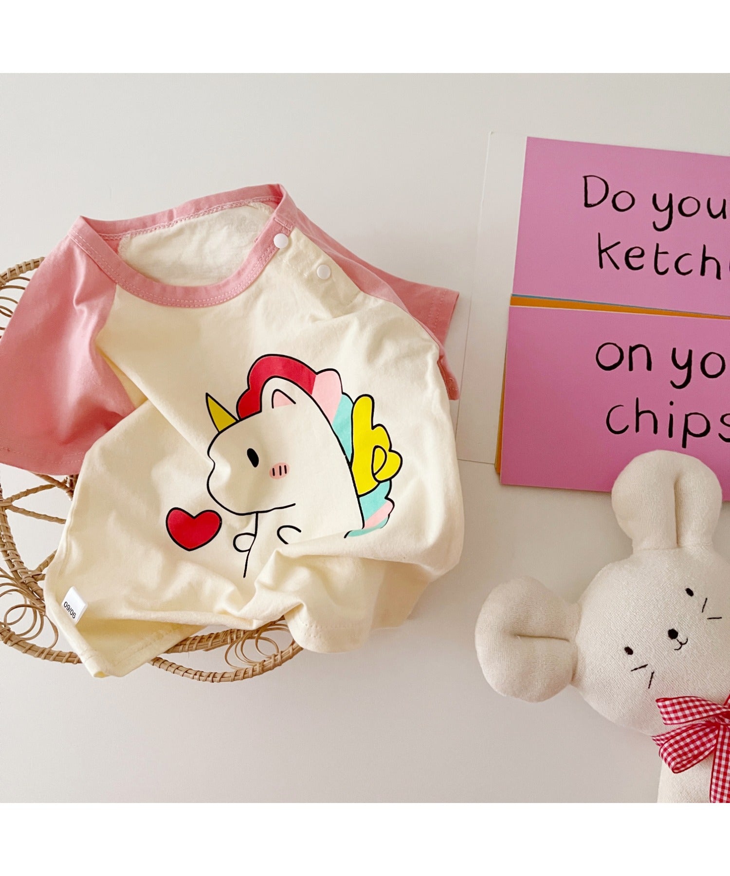 【aimoha-KIDS-】 かわいい動物イラストプリント 袖切り替え半袖tシャツ