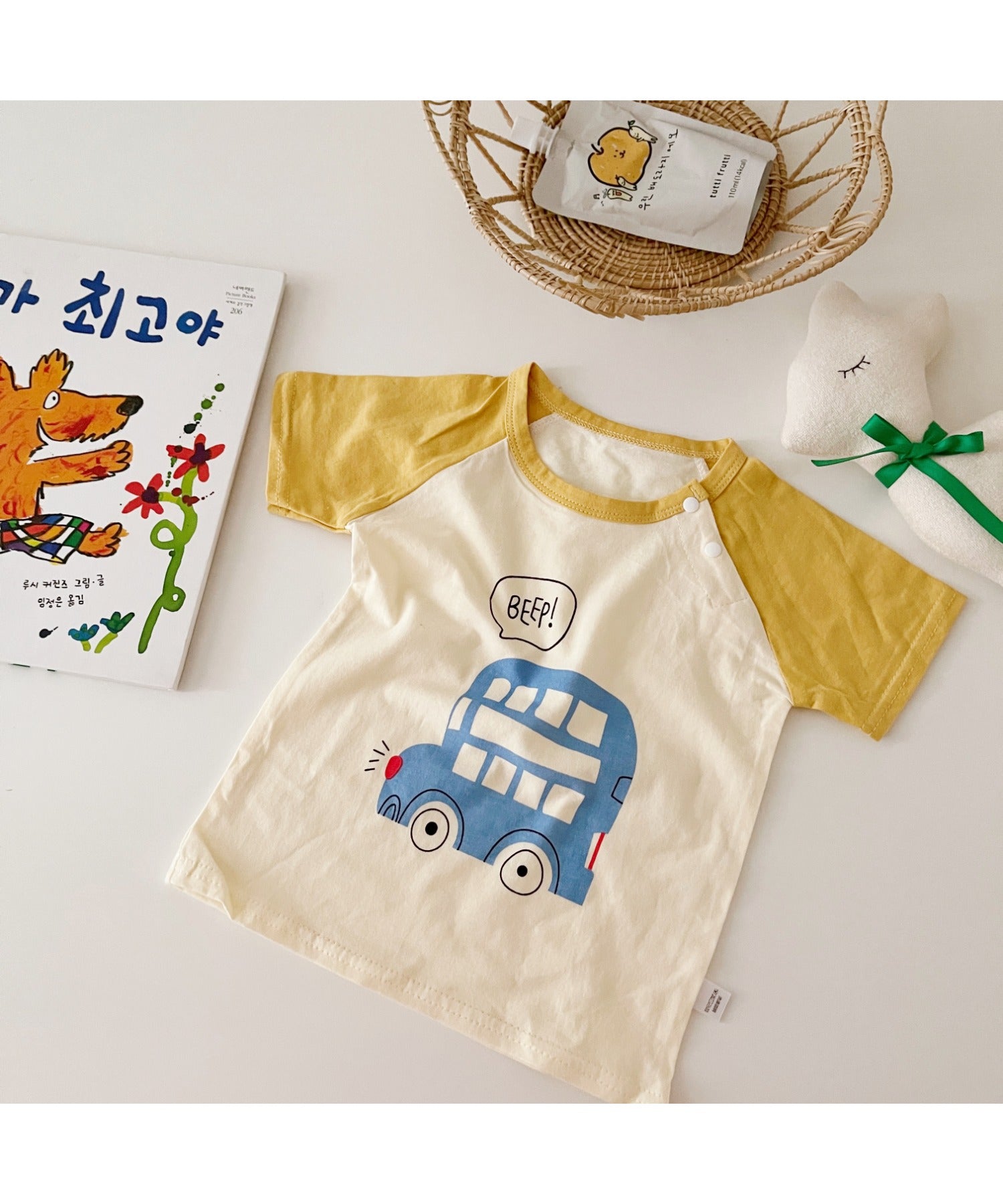 【aimoha-KIDS-】 かわいい動物イラストプリント 袖切り替え半袖tシャツ