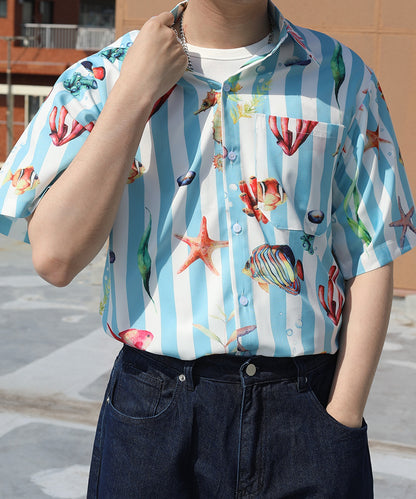 [HOOK-] Retro-style vintage all-over pattern big overshirt