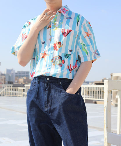 [HOOK-] Retro-style vintage all-over pattern big overshirt