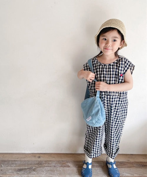 【aimoha-KIDS- 】韓国子供服 ギンガムチェックノースリーブオールインワン