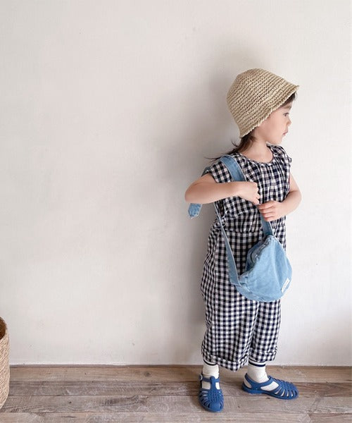 【aimoha-KIDS- 】韓国子供服 ギンガムチェックノースリーブオールインワン
