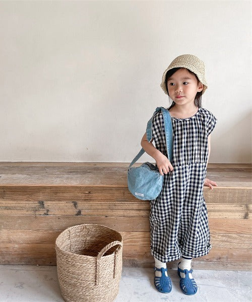 【aimoha-KIDS- 】韓国子供服 ギンガムチェックノースリーブオールインワン