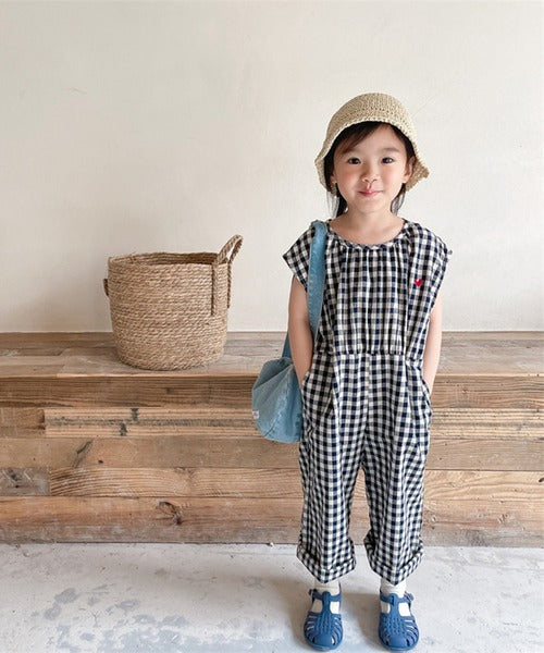 【aimoha-KIDS- 】韓国子供服 ギンガムチェックノースリーブオールインワン