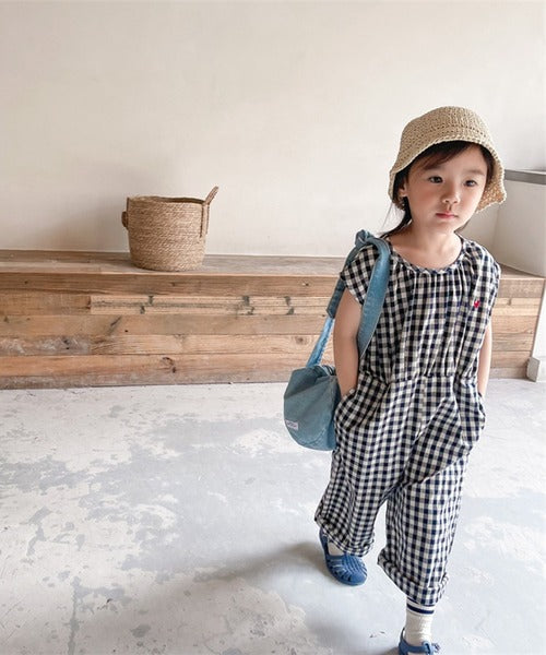 【aimoha-KIDS- 】韓国子供服 ギンガムチェックノースリーブオールインワン