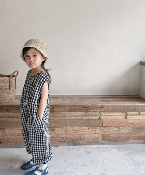 【aimoha-KIDS- 】韓国子供服 ギンガムチェックノースリーブオールインワン