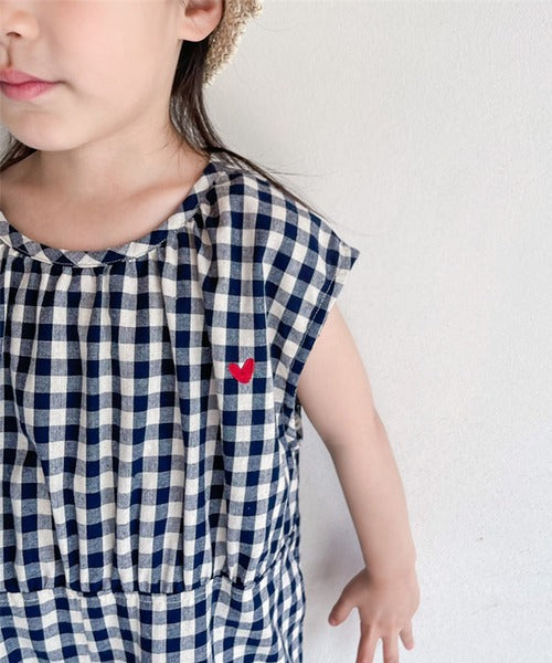 【aimoha-KIDS- 】韓国子供服 ギンガムチェックノースリーブオールインワン