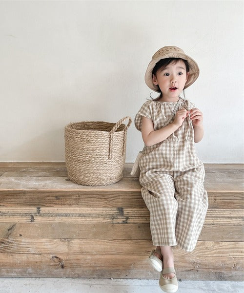 【aimoha-KIDS- 】韓国子供服 ギンガムチェックノースリーブオールインワン