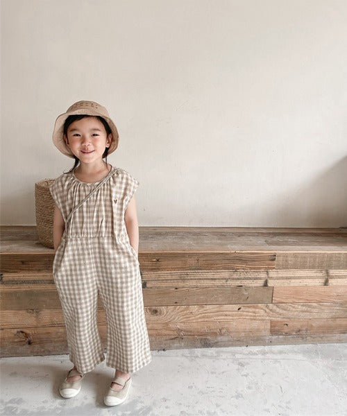 【aimoha-KIDS- 】韓国子供服 ギンガムチェックノースリーブオールインワン