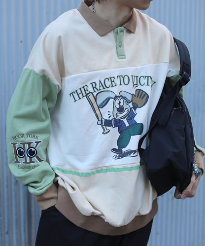 [HOOK -original-] American casual cartoon style printed sleeve switching polo collar sweatshirt