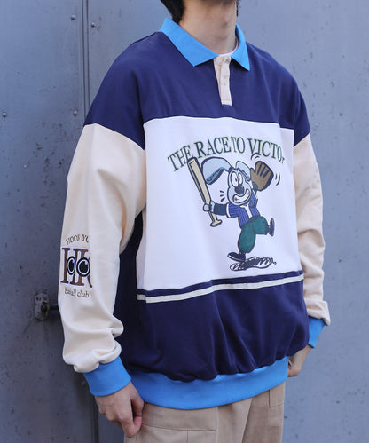 [HOOK -original-] American casual cartoon style printed sleeve switching polo collar sweatshirt