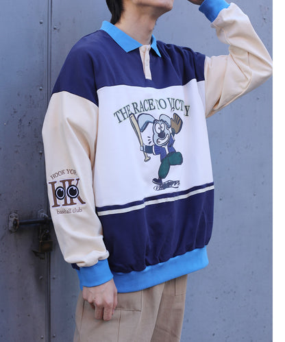 [HOOK -original-] American casual cartoon style printed sleeve switching polo collar sweatshirt