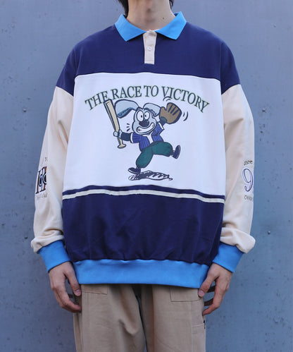 [HOOK -original-] American casual cartoon style printed sleeve switching polo collar sweatshirt