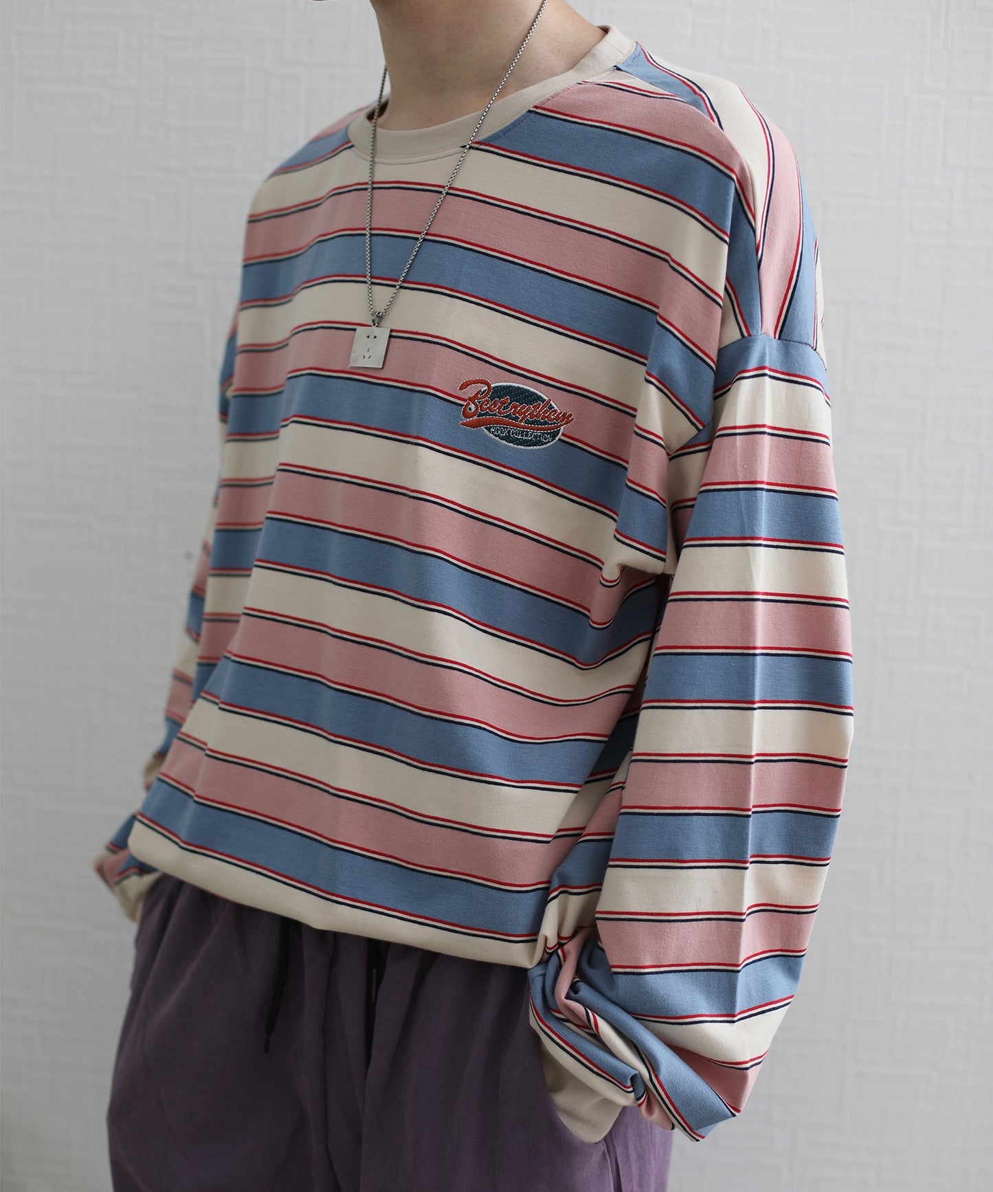 [HOOK -original-] American casual patch embroidery color scheme border ringer long TEE