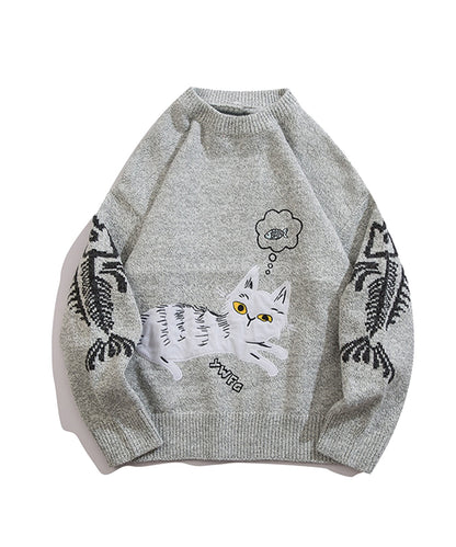 [HOOK] Unique/Cute cat and fish embroidered knit sweater