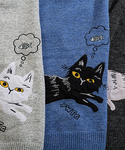 [HOOK] Unique/Cute cat and fish embroidered knit sweater