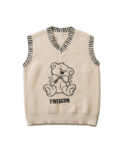 [HOOK] Bear print hand-sewn rolled-up knit vest