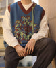 [HOOK -original-] Retro-style sunflower pattern stitch fringe v-neck knit vest