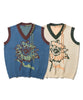 [HOOK -original-] Retro-style sunflower pattern stitch fringe v-neck knit vest