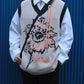 [HOOK -original-] Retro-style sunflower pattern stitch fringe v-neck knit vest