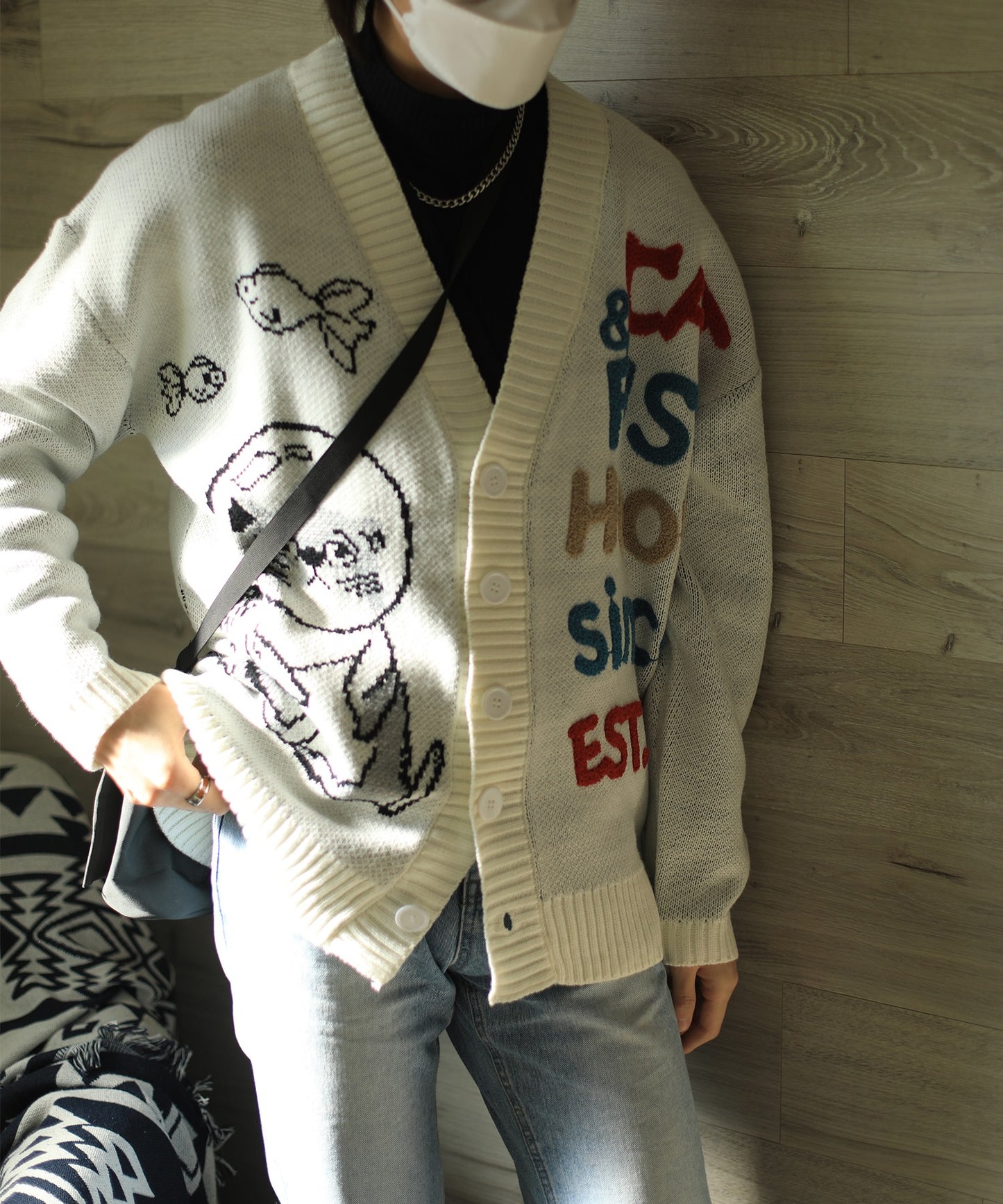 [HOOK -original-] Super cute "CAT &amp; FISH" English embroidered cat illustration cardigan