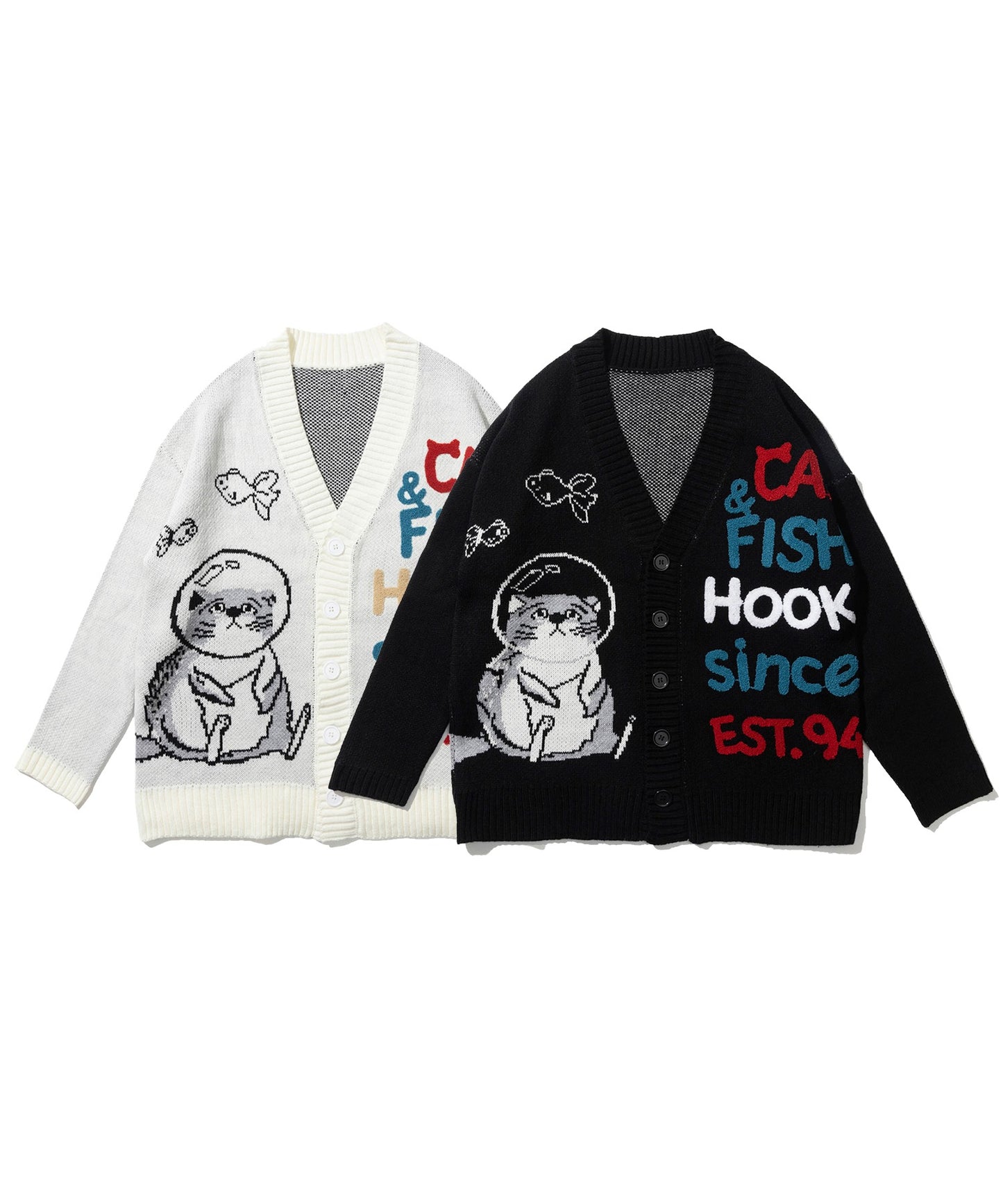 [HOOK -original-] Super cute "CAT &amp; FISH" English embroidered cat illustration cardigan