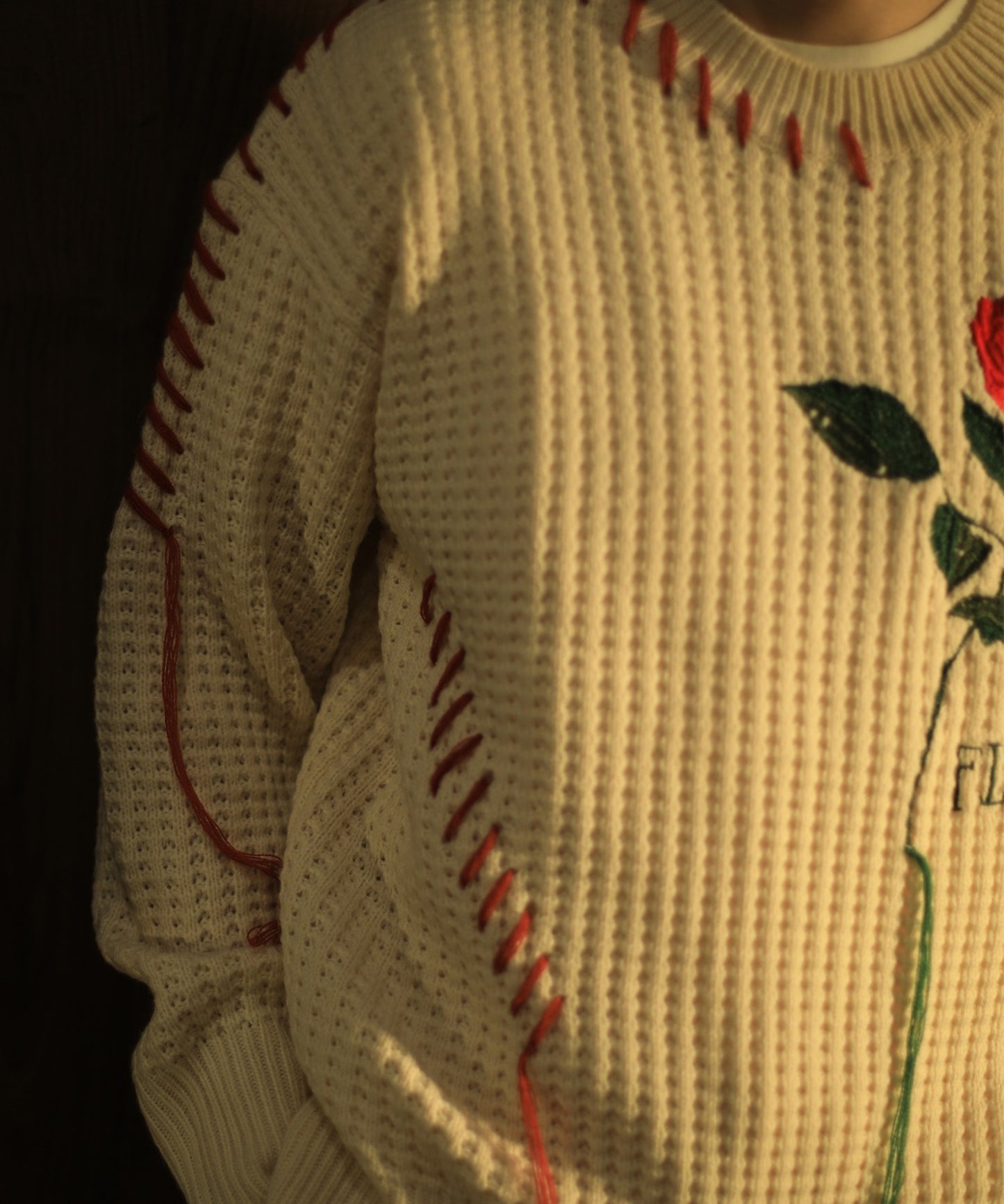 [HOOK -original-] Waffle knitting hand-stitched rose embroidery knit