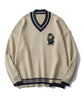 [HOOK] Bear embroidery patch v-neck thin knit sweater