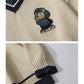 【HOOK】クマ刺繍ワッペン vネック薄手ニット・セーター