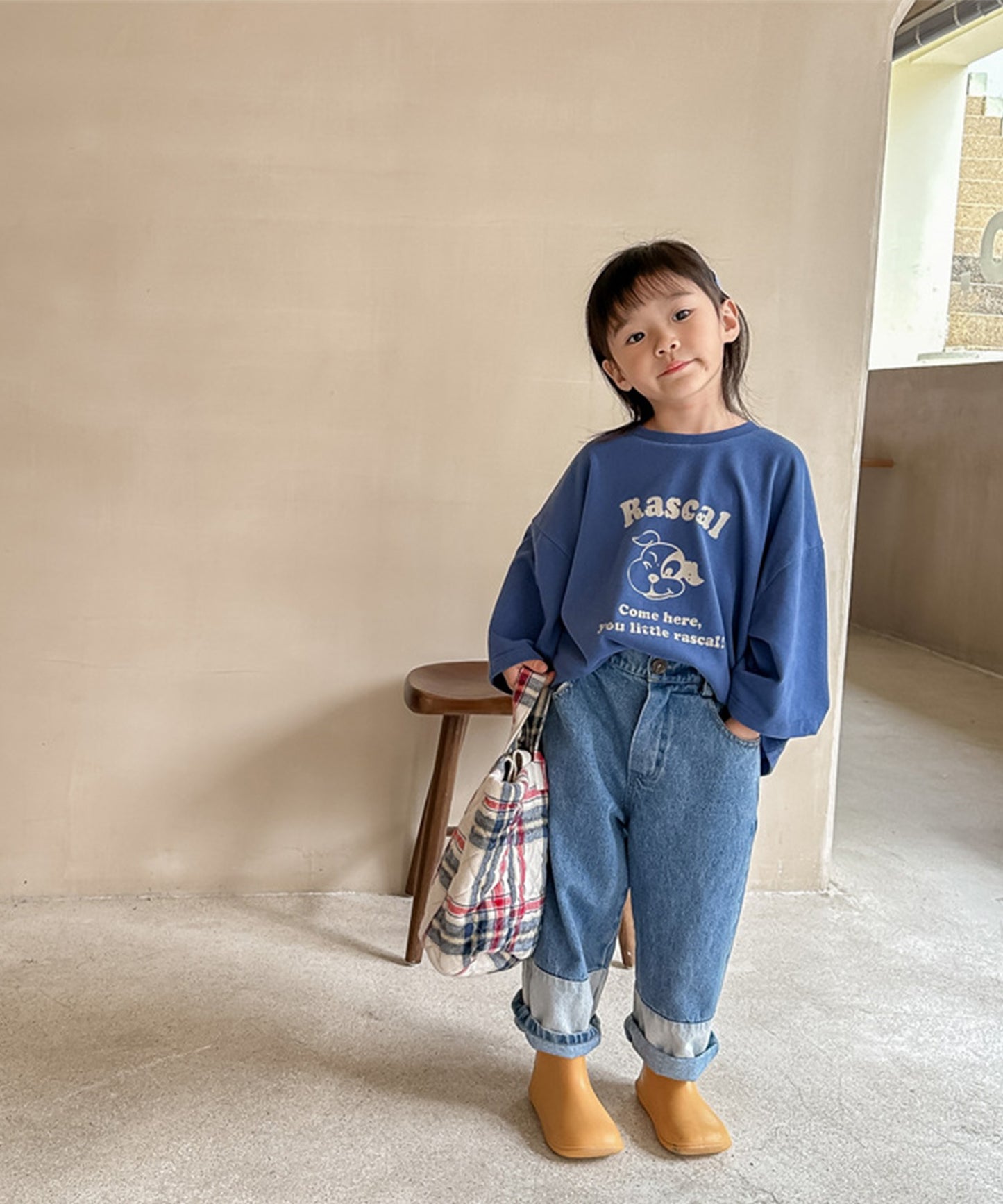 【aimoha-KIDS-】韓国子供服　古着風配色切り替えデニムパンツ