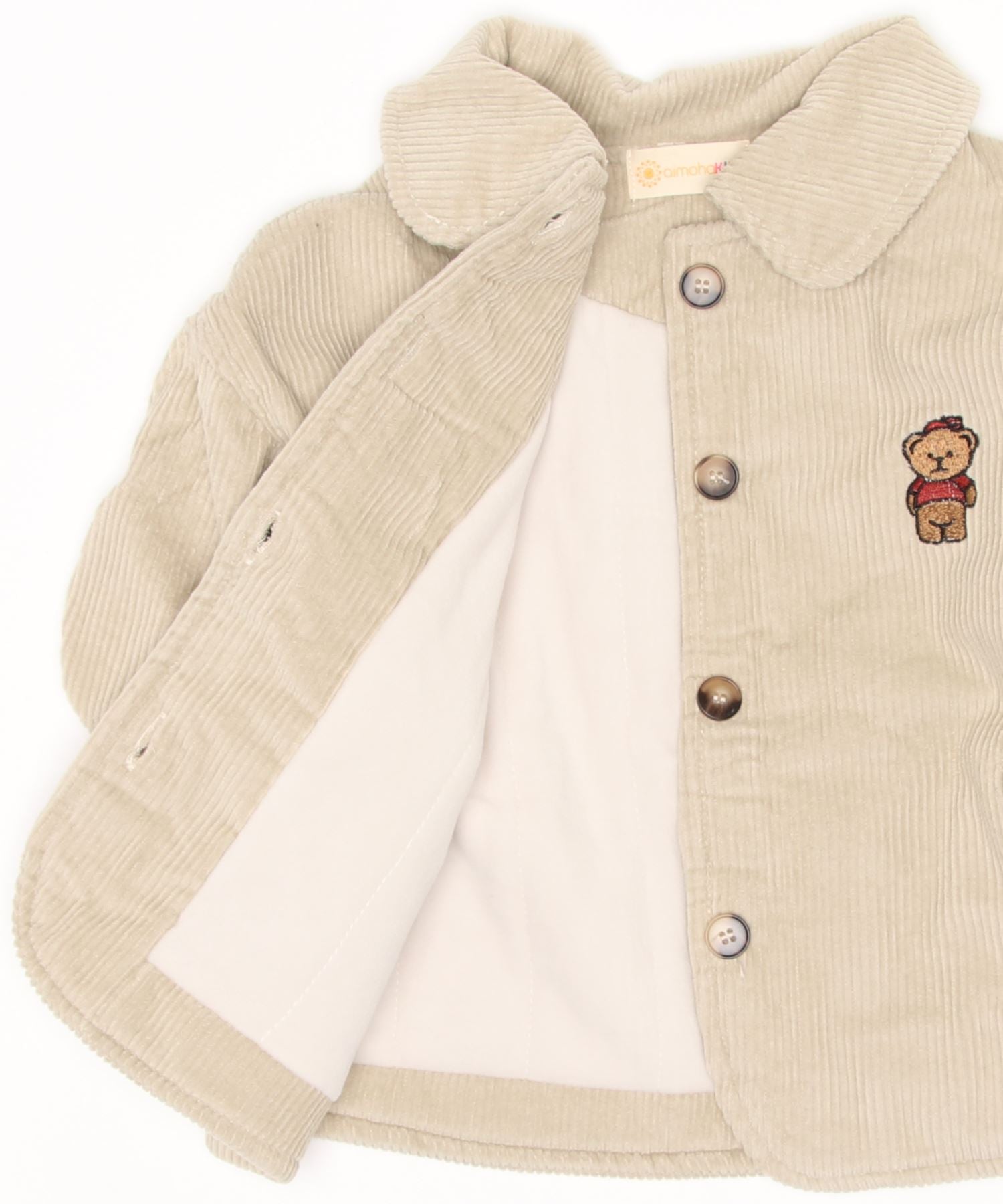 【aimoha-KIDS-】韓国子供服 クマ刺繍ボア裏地暖かい中ボアコーデュロイコート