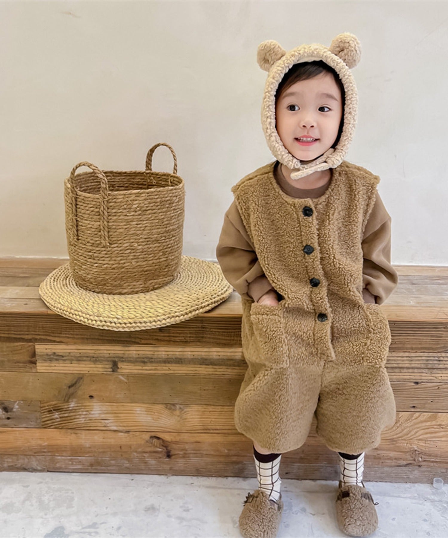 【aimoha-KIDS-】韓国子供服　前開きボアオールインワン