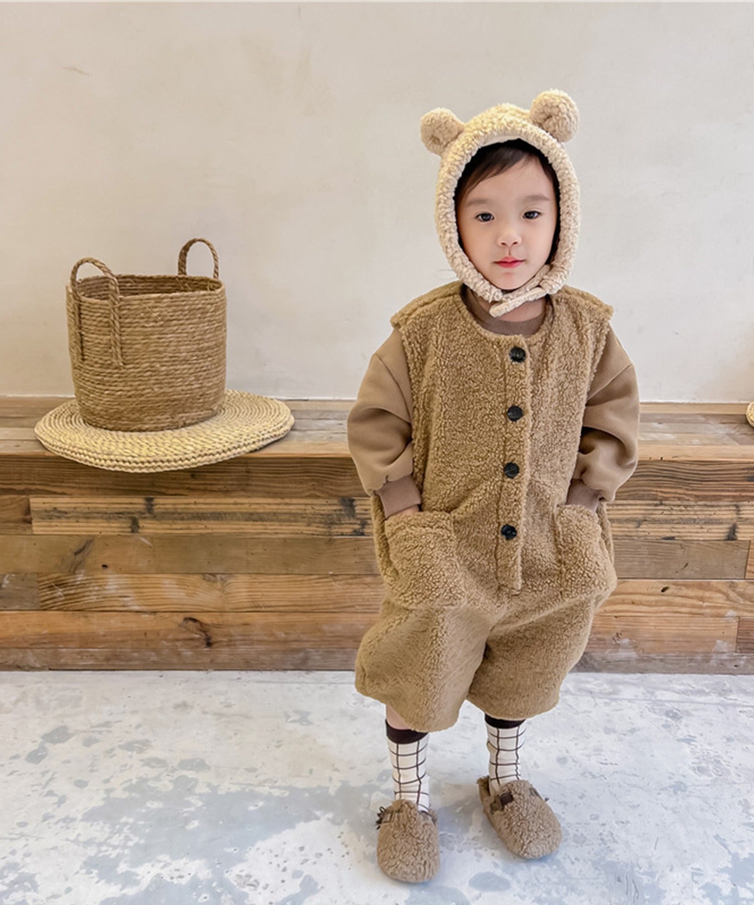 【aimoha-KIDS-】韓国子供服　前開きボアオールインワン