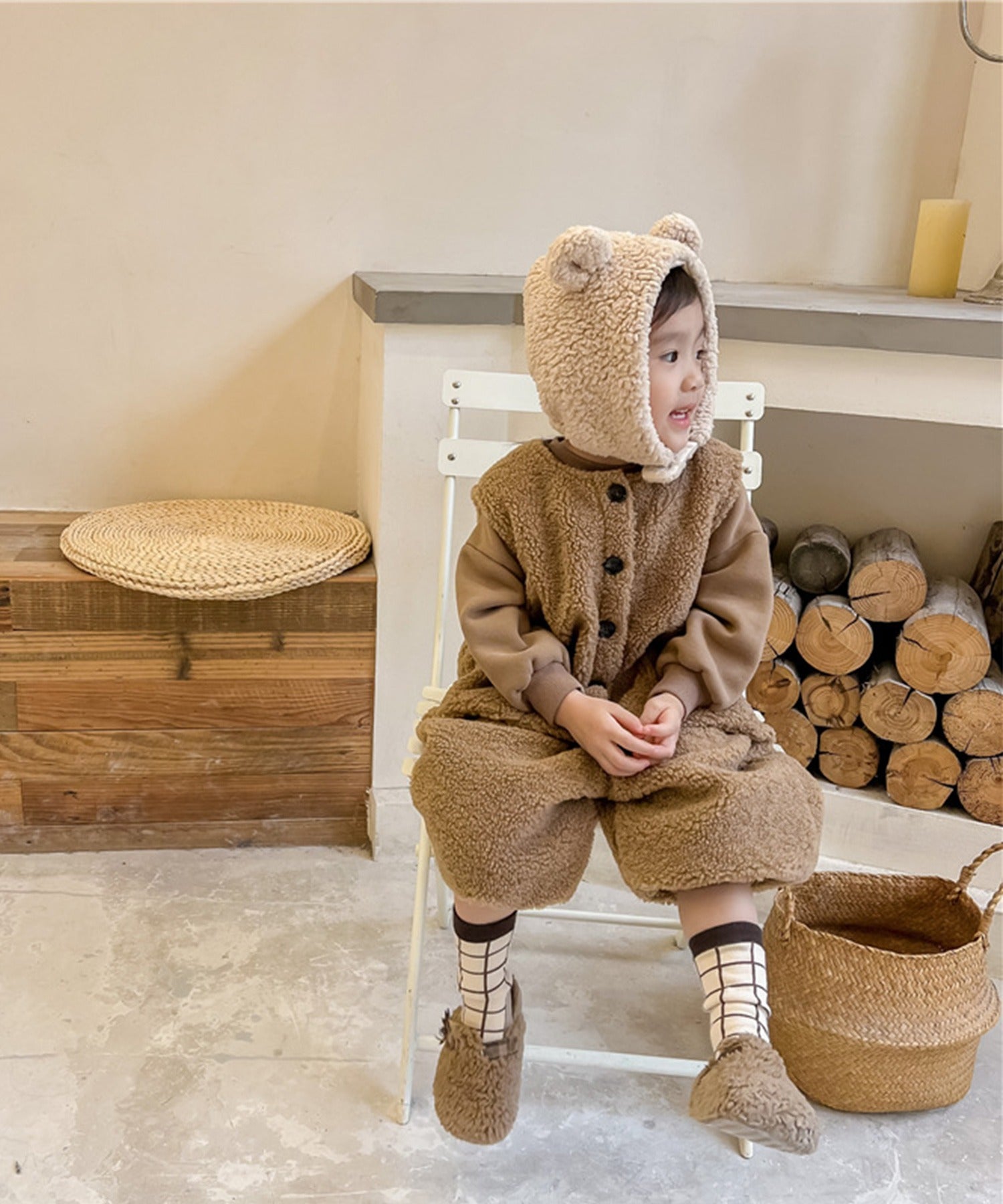 【aimoha-KIDS-】韓国子供服　前開きボアオールインワン