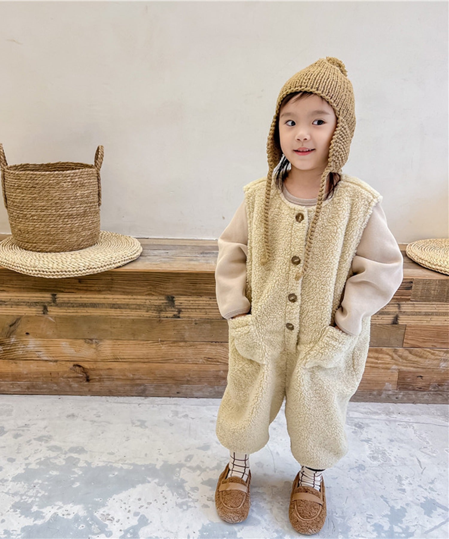 【aimoha-KIDS-】韓国子供服　前開きボアオールインワン