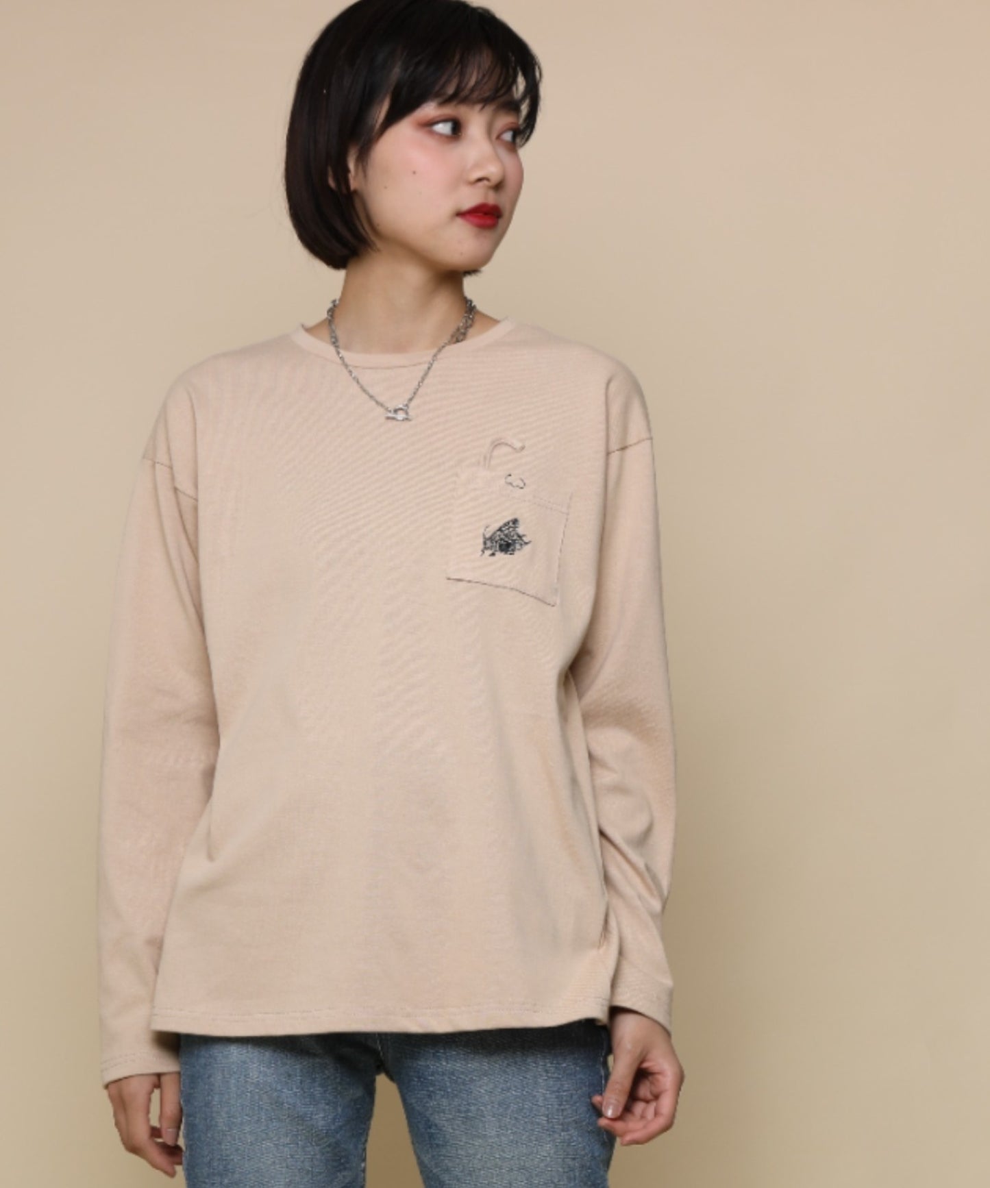 【genxder】ユニセックス オリジナル蝶々刺繍ポケットロングTシャツ