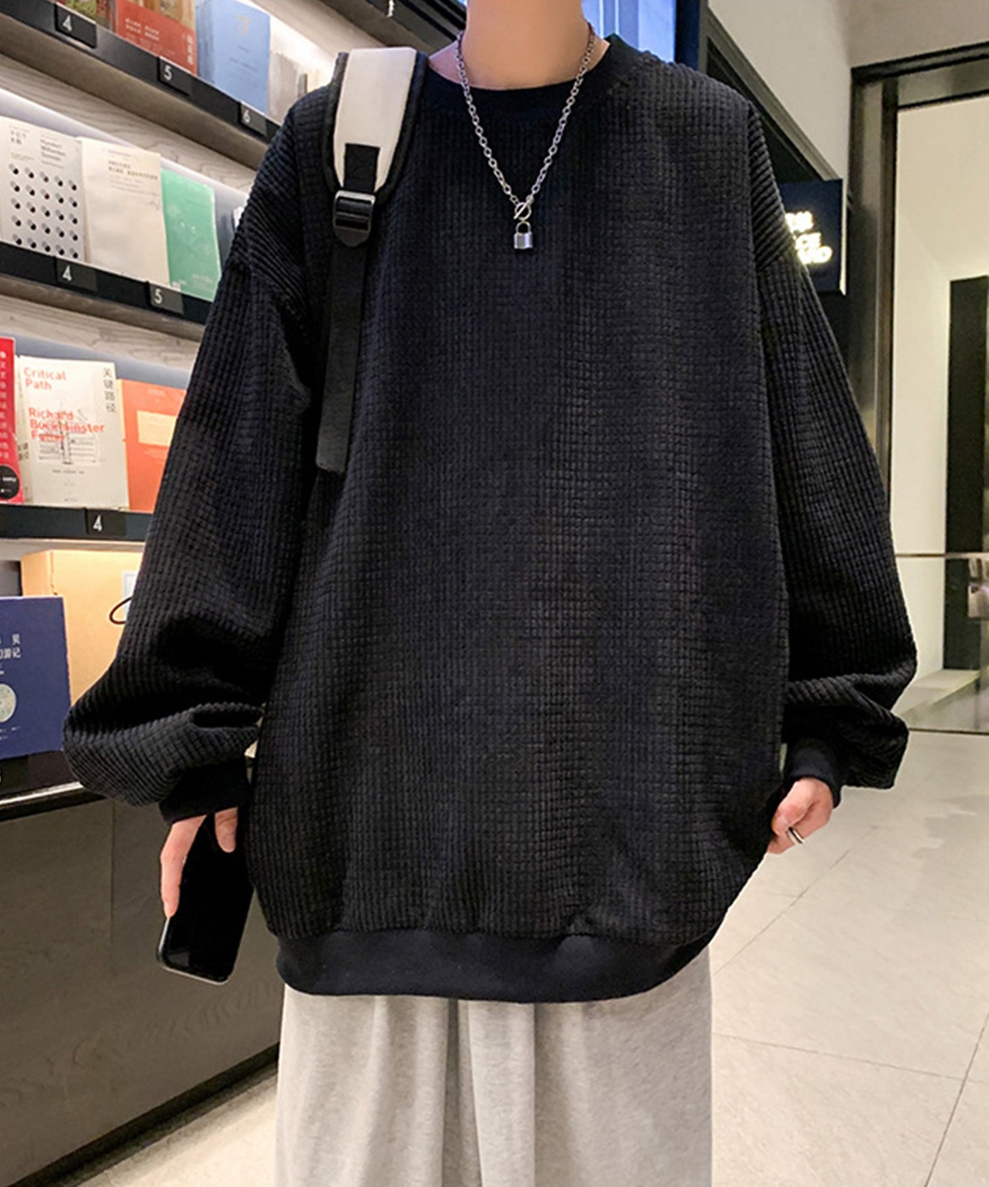 【aimoha Men's 】ワッフル生地ビッグシルエットスウェット